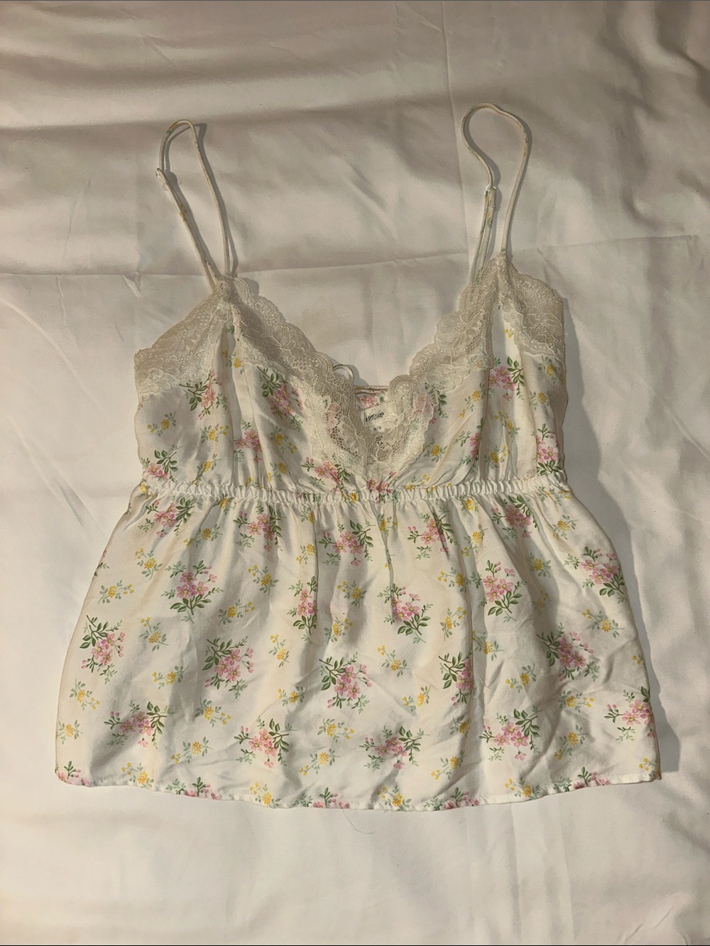 Floral Lace Trim Cami Top Aerie Size Medium  - Cream with Pink & Yellow Flowers